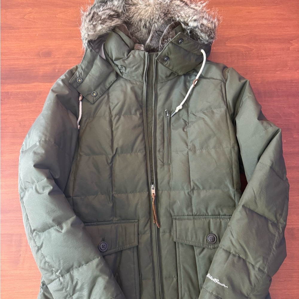 Eddie Bauer Green Puffer Jacket with Faux Fur Hood